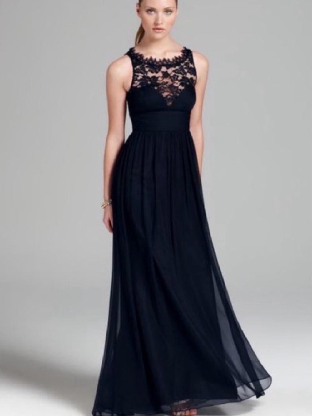 Aidan Mattox by Adrianna Papell Silk Midnight  Navy Chiffon & Lace formal long…